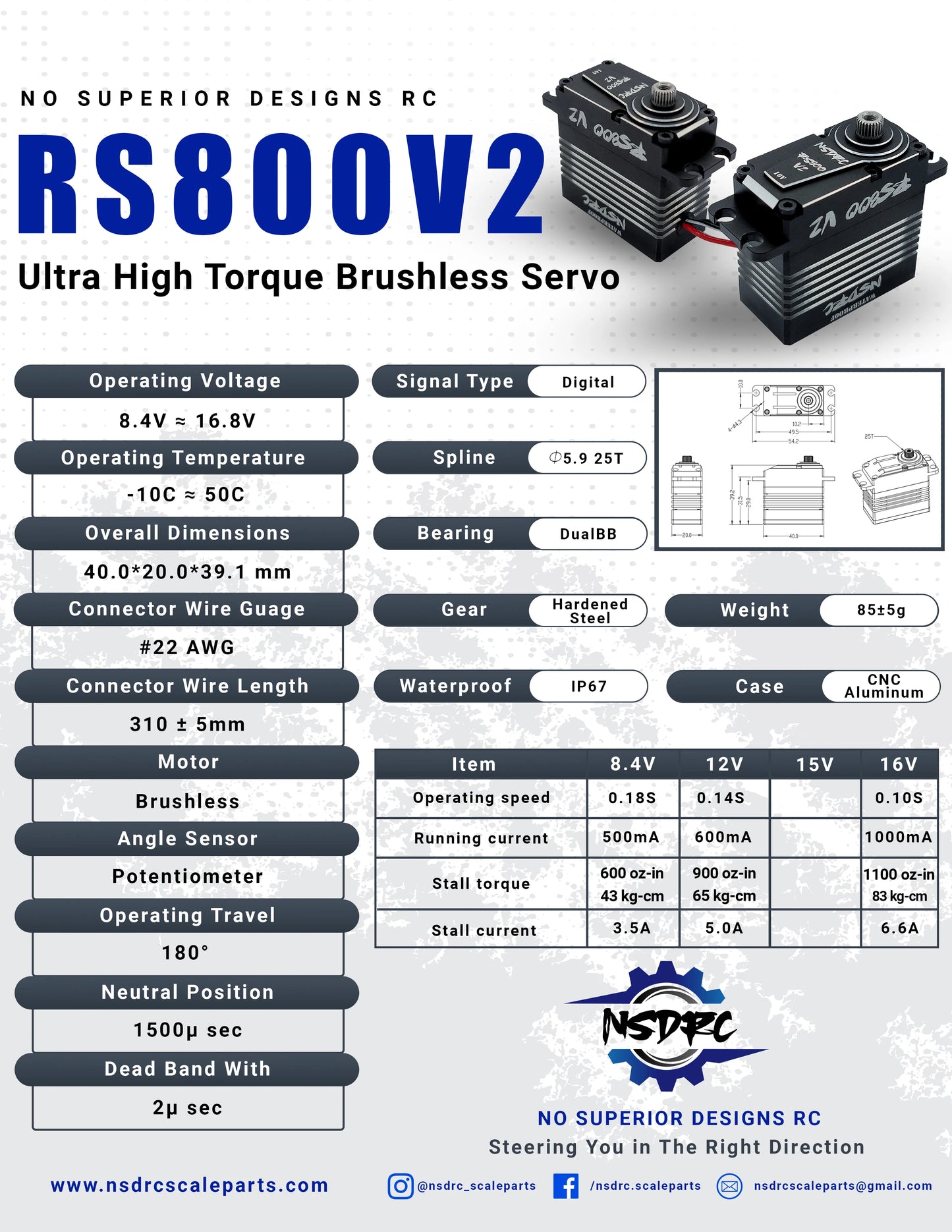 NSDRC RS800 V2 High Torque Low Profile Brushless Servo